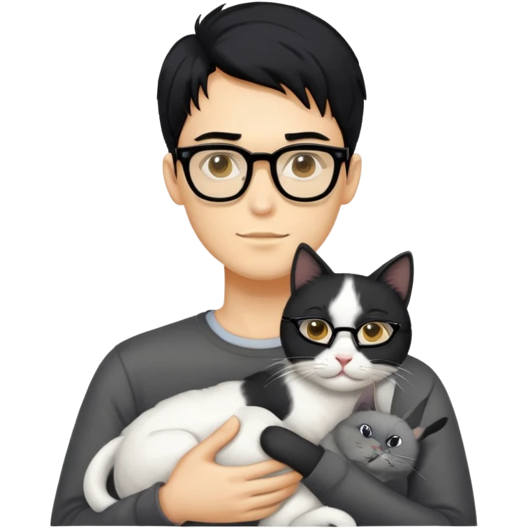 A young man with a long face and warm yellow-toned skin, black hair, wearing a pair of black glasses, cradling a grayish-white cat emoji