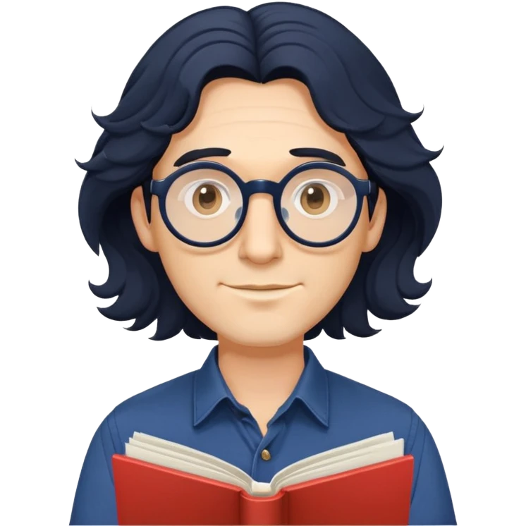 Man with longer wavy black hair, round glasses, dark blue buttoned shirt, holding program booklet for a play emoji