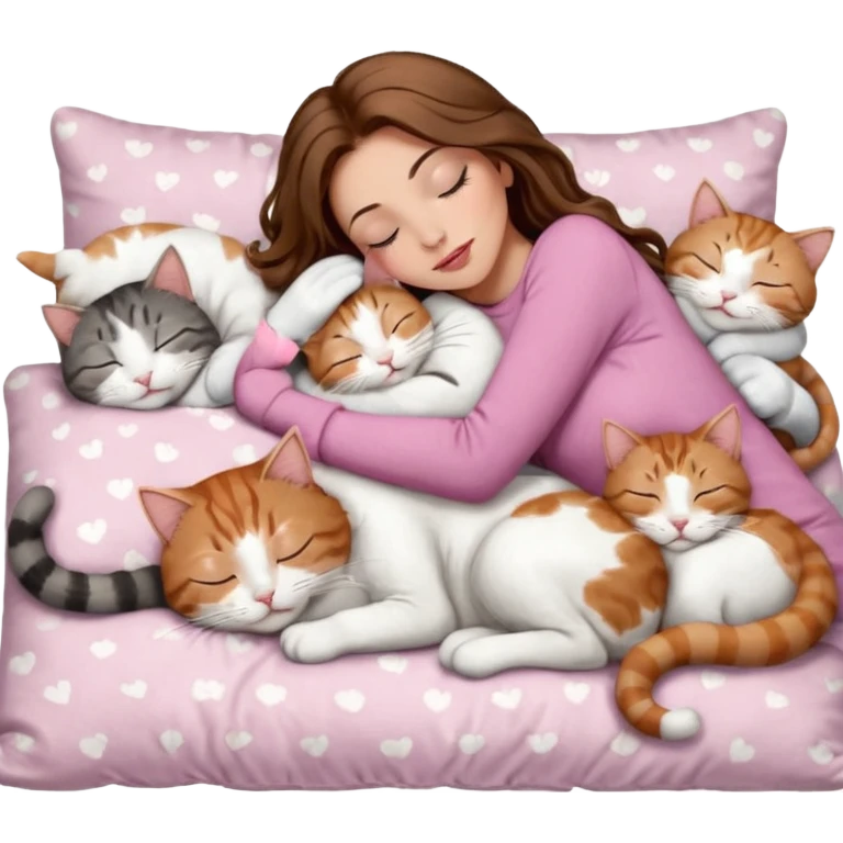 girl with long wavy brown hair, brown eyes, long lashes makeup, sexy pink lips, light to medium complexion,  sleeping on a cozy pillow, with 6 cats: 1 brown and white tabby cat, 1 ginger and white, 2 grey and white, 1 grey with white mittens and small white patch on chest and 1 calico, sleeping emoji