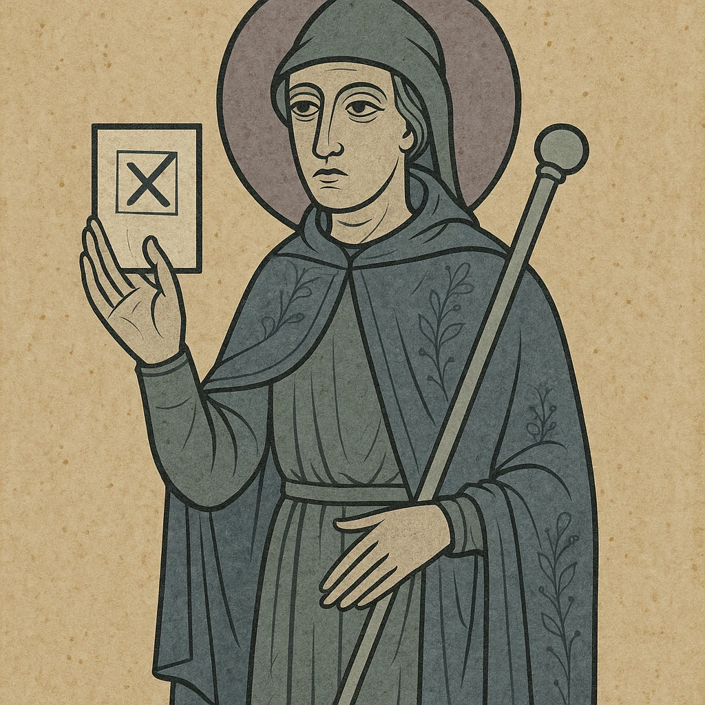 medieval pilgrim holding a voting slip, stylized illustration emoji