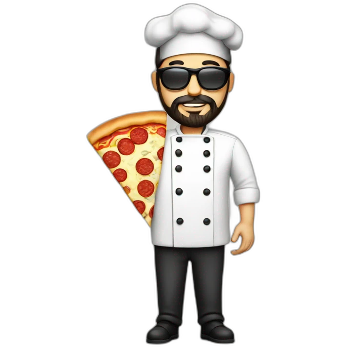 Dark haired chef with beard and big dark glasses holding a slice of pizza emoji