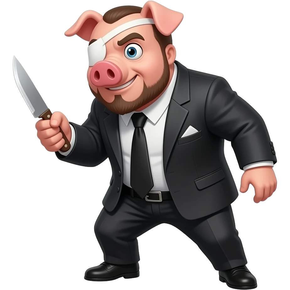 свиня бандитка в образі людиноподібна, в повний зріст крадється з ножем, неотесана та бородата, пов'язка на очі, виглядає не дуже добре, товста emoji