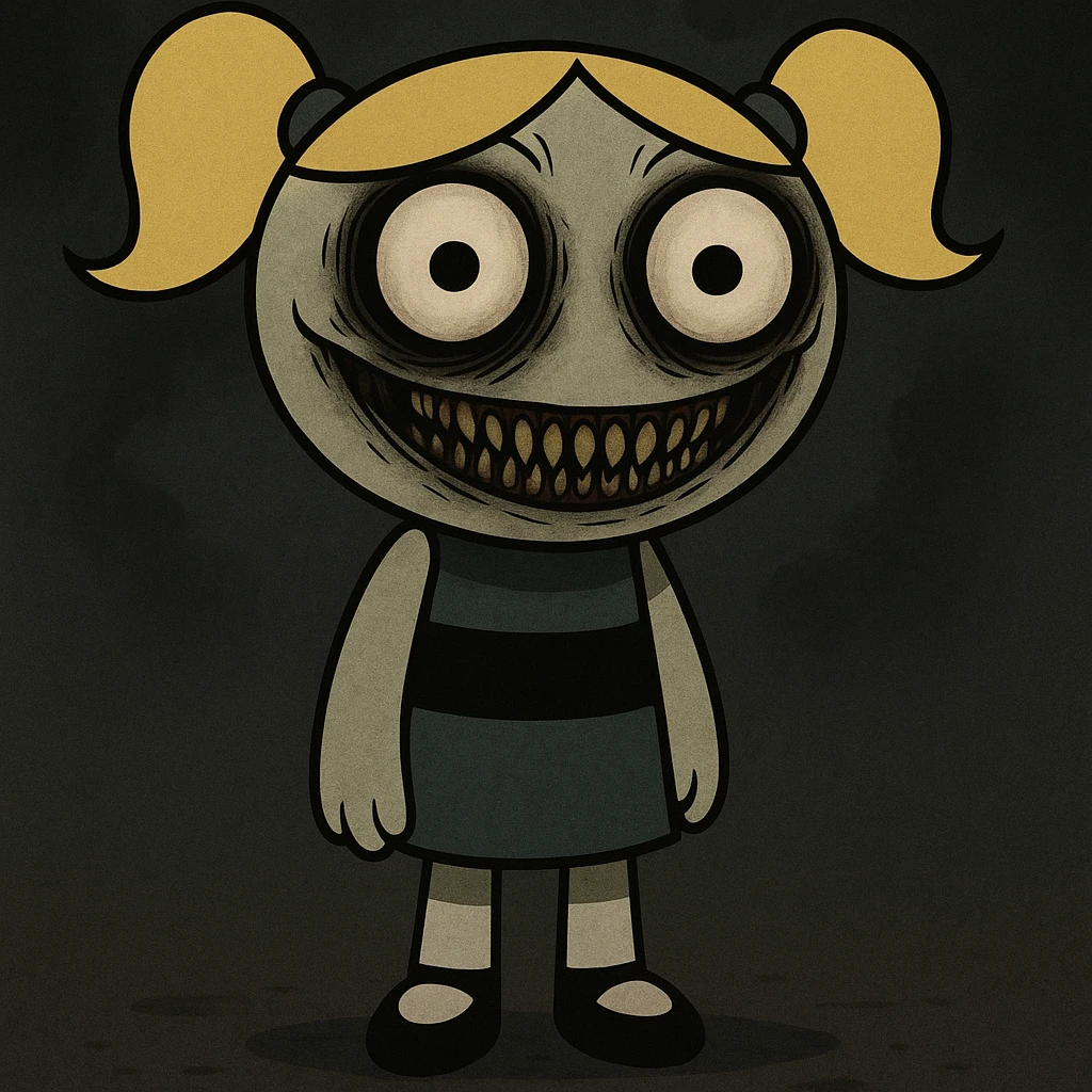 Full body cartoon style of Bubbles from Powerpuff Girls with a scarier and creepier face, keeping her signature blue dress and pigtails, using dark and eerie colors for the rest of the image. emoji