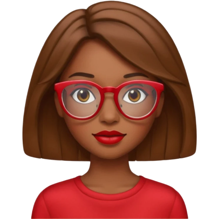 It creates a girl with brown skin, hair a little below her shoulders, just a little, pretty clear glasses, wearing red clothes and red lipstick. emoji