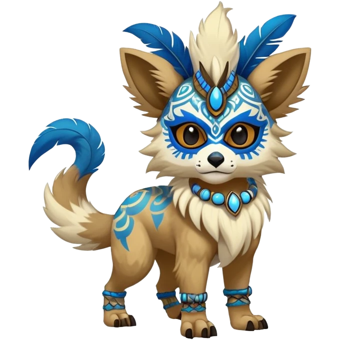 Furry cute colorful exotic tribal feral anime-styled Fakémon-Pokémon-animal-creature with a skull mask, and a feather-mane-collar, and blue feathers, with long furry ears, long furry tail, 4 legs, (full body), with intricate pattern-markings emoji