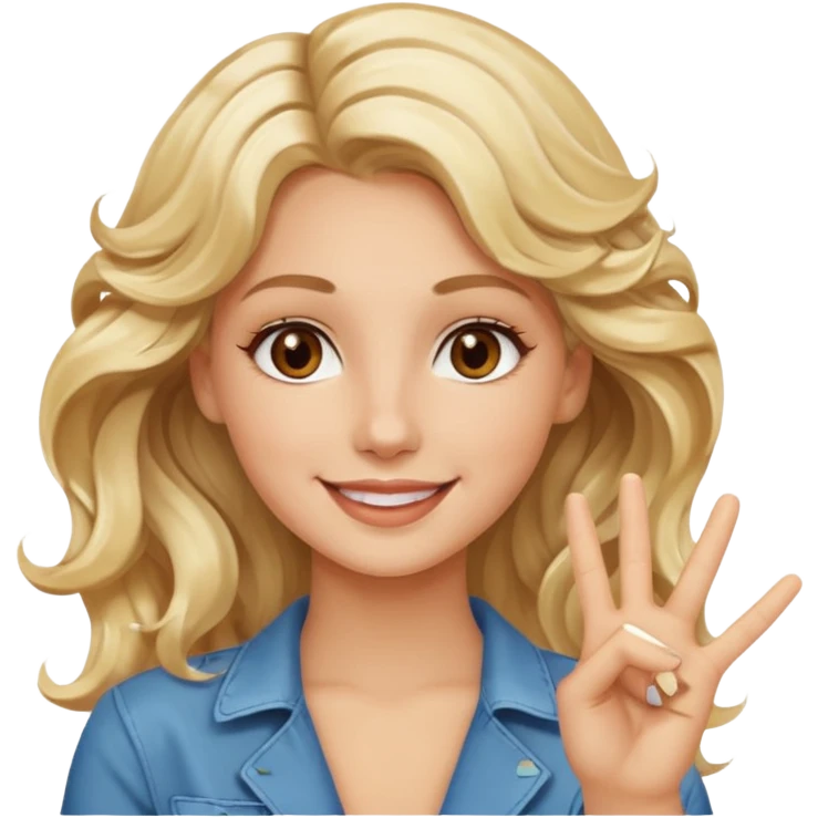 Luxury blonde model, brown eyes, wavy hair, peace sign emoji