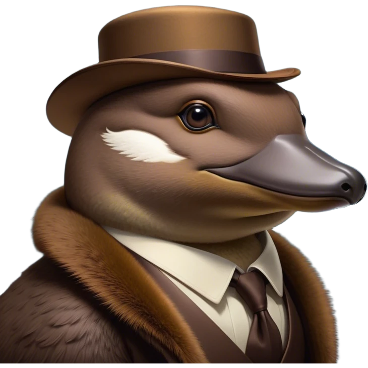 Cinematic Noble Platypus Portrait Emoji, Poised and regal, with a uniquely streamlined build and a sleek, well-groomed brown fur, a distinctive flat duckbill and broad, beaver-like tail, deep-set soulful eyes full of wonder, Simplified yet sharp and sophisticated features, highly detailed, glowing with a soft, dignified glow, high shine, intelligent and enigmatic, stylized with an air of aquatic curiosity, focused and attentive, soft glowing outline, capturing the essence of a watchful and confident oddity, so majestic it feels as though it could glide out of the screen with effortless authority! emoji