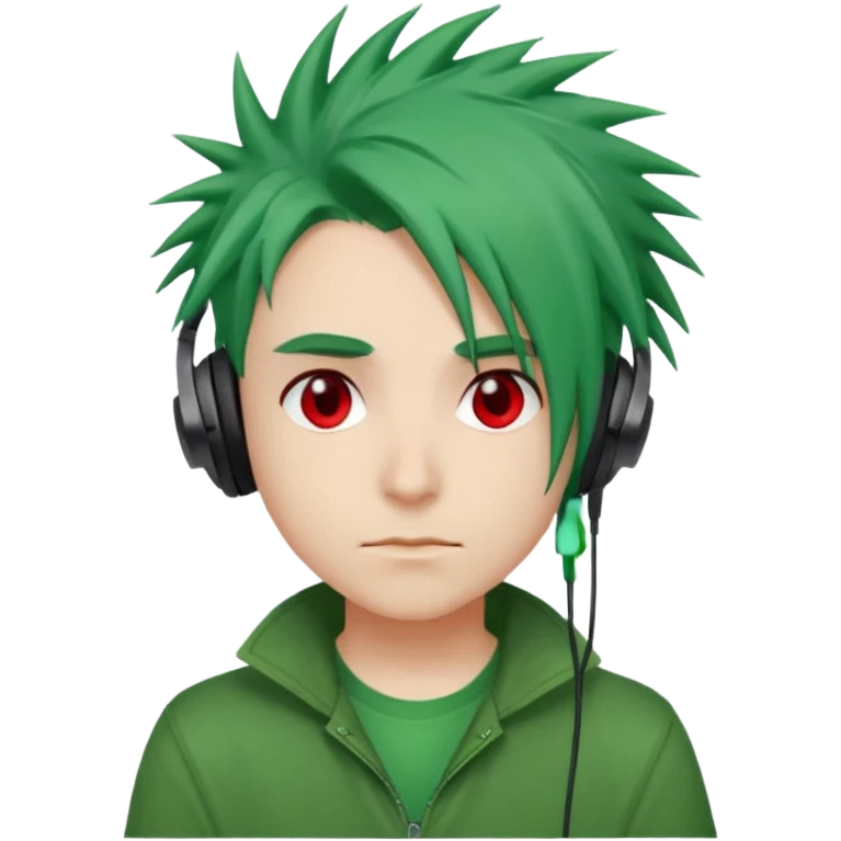 chico pelo medio largo ojos rojos y una camisa verde pelo tipo spike y unos audifonos emoji