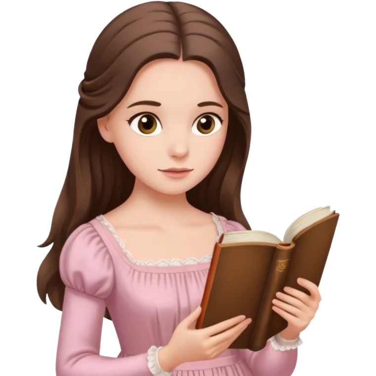  white long brunette hair girl with hazel eyes in light pink reading Pride and Prejudice emoji