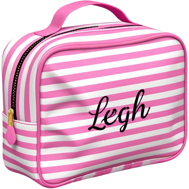 Pink and white striped toiletry bag with the text "Leigh" on it in pink cursive letters emoji