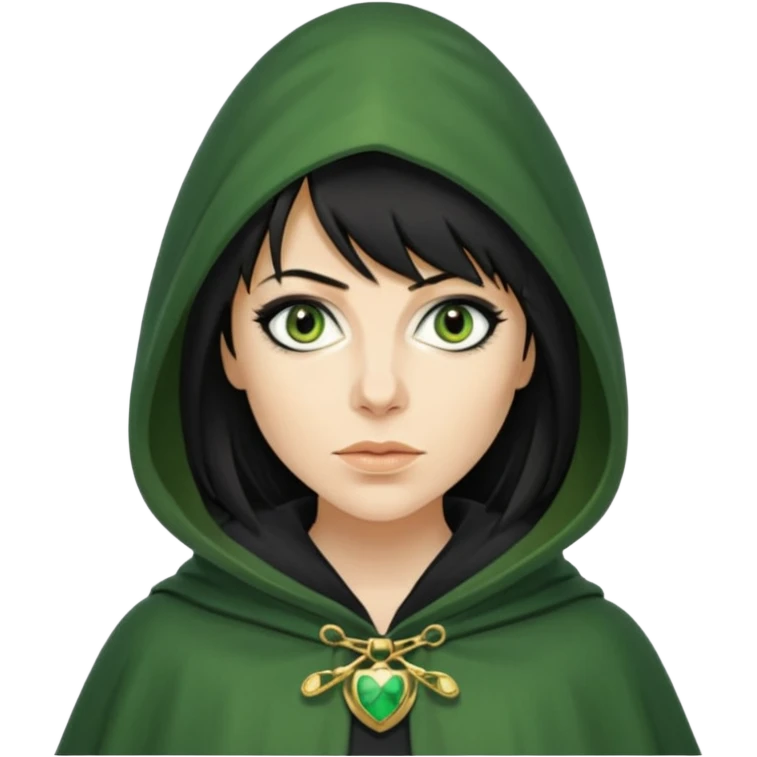 claudia winkleman as a traitor with a green hooded cloak with a gold clasp and dark strong black eyeliner emoji