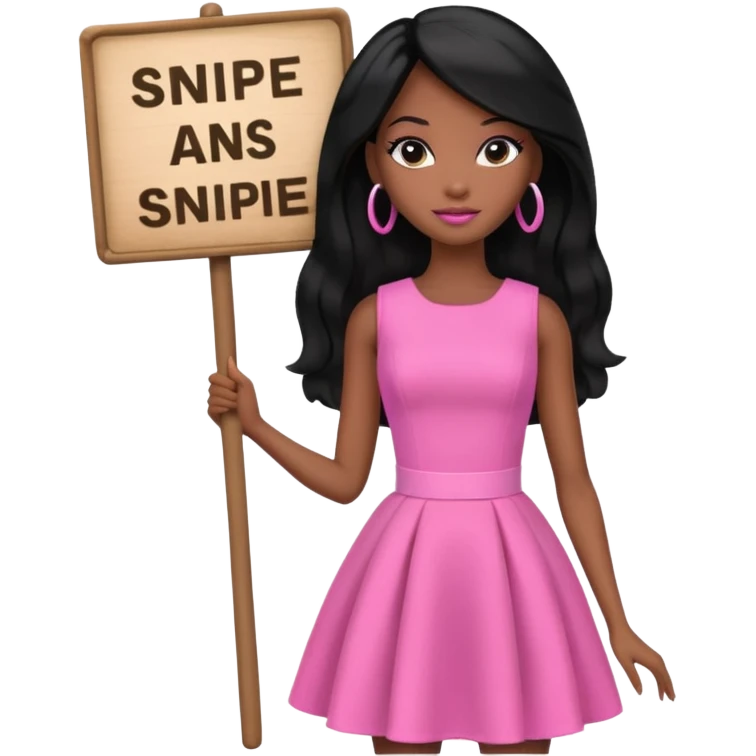 Black barbie, long black  hair, pink dress holding sign, that says snipe emoji