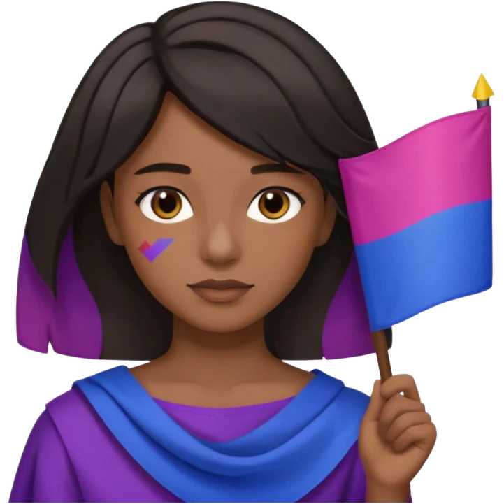 eu com a bandeira bissexual, sou parda, com cabelos negros que vão até a altura dos ombros levemente ondulados, olhos castanhos, emoji