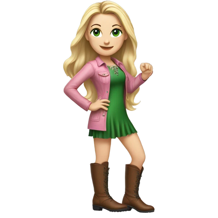 Realistic White girl with Long straight blonde hair, green eyes, tattoos, full body wearing pink dress and Brown knee-high leather boots, dancing emoji
