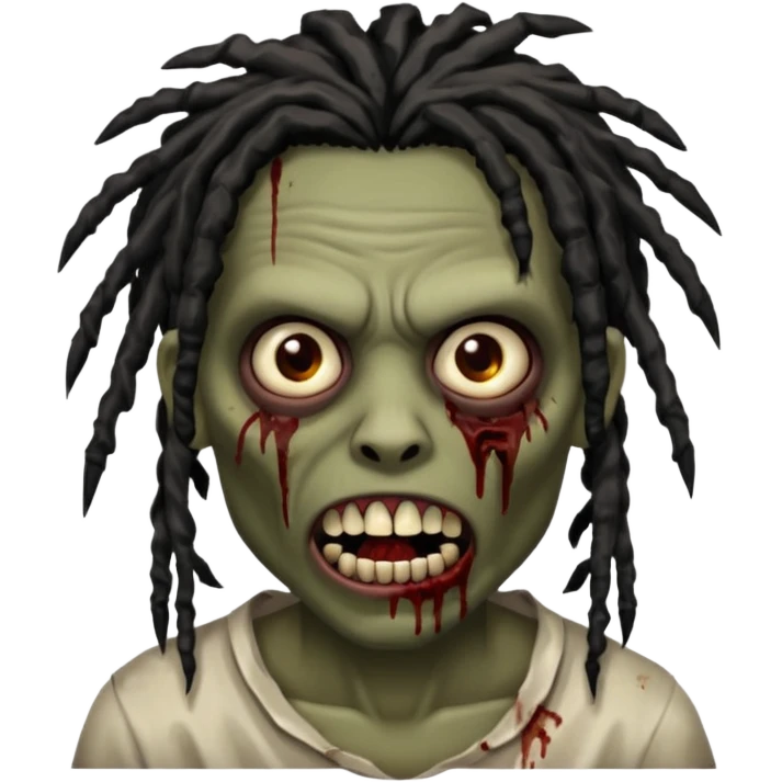 zombie with brown skin, messy black dreads hair, wide centered brown eyes, dark bloody marks under the eyes, and a slightly open mouth showing crooked teeth grillz, giving a distressed, undead look. emoji