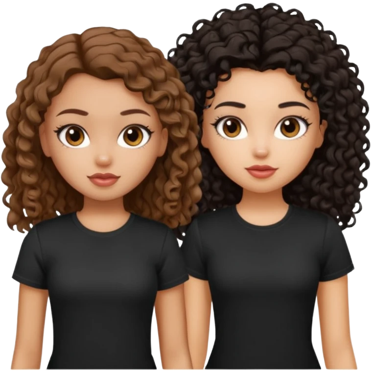 2 pretty bratz fair girls. One has straight brown hair and is tan, wearing a white tshirt. One is fair with curly black hair, wearing a black tshirt  emoji