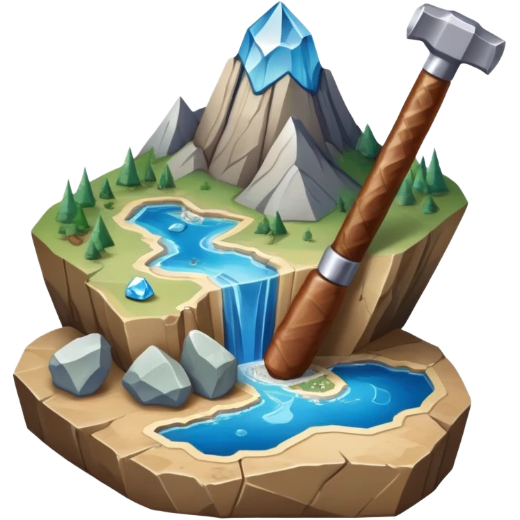 An icon featuring a rock hammer, a fossil, and a geological map, symbolizing geology. The design includes layers of the Earth, a crystal, and a mountain range, representing the study of Earth's structure, materials, and natural processes. Transparent background highlights geological research emoji