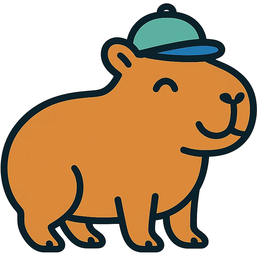 A cute capybara wearing a small hat or cap, looking happy emoji