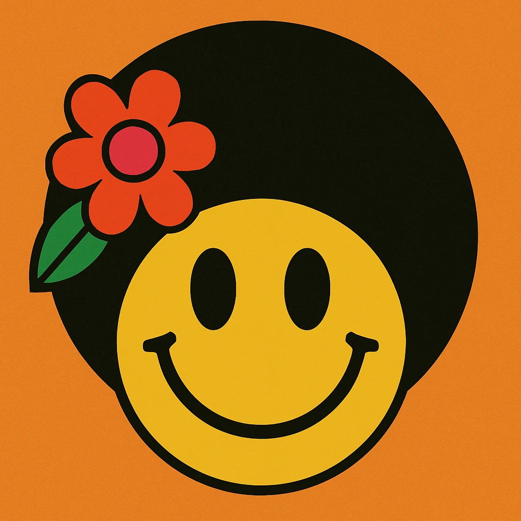smiley face with an afro, flower in hair, 1970s hippie look emoji