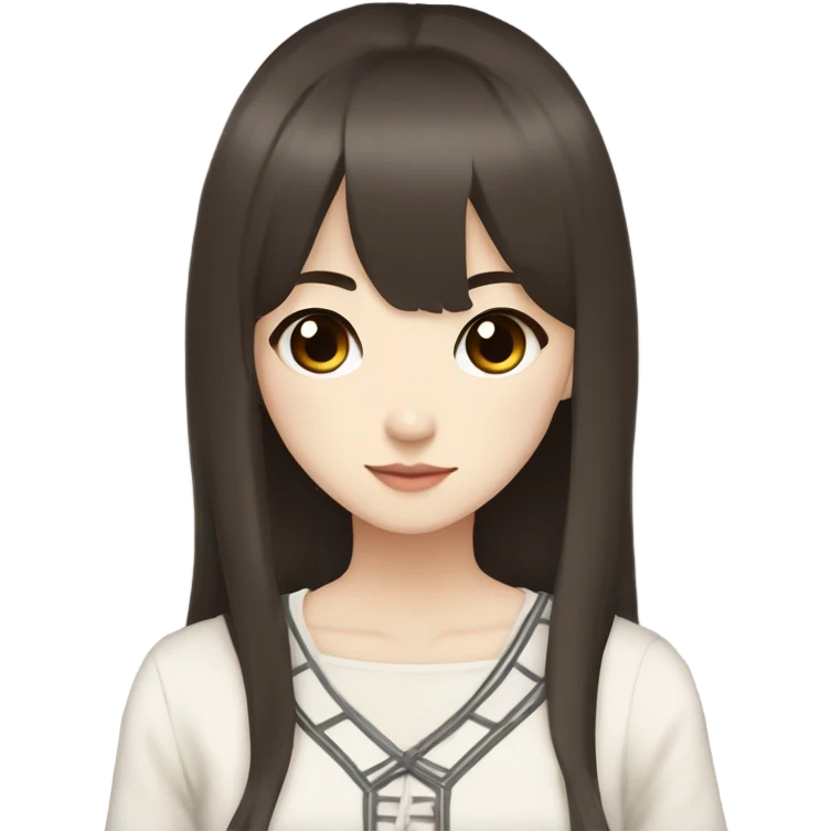 Asian girl dark brown long hair hime cut bangs brown eyes cute appearance pale skin long hair white laced top  emoji