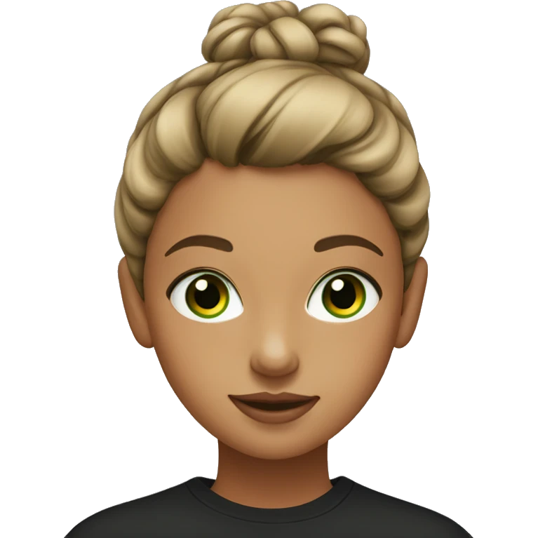 a young girl with a bun and black sweatshirt and green brown eyes emoji
