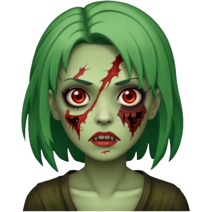 zumbi feminino com cortes no rosto, olhos baixos e vermelhos, cabelo preto e verde emoji