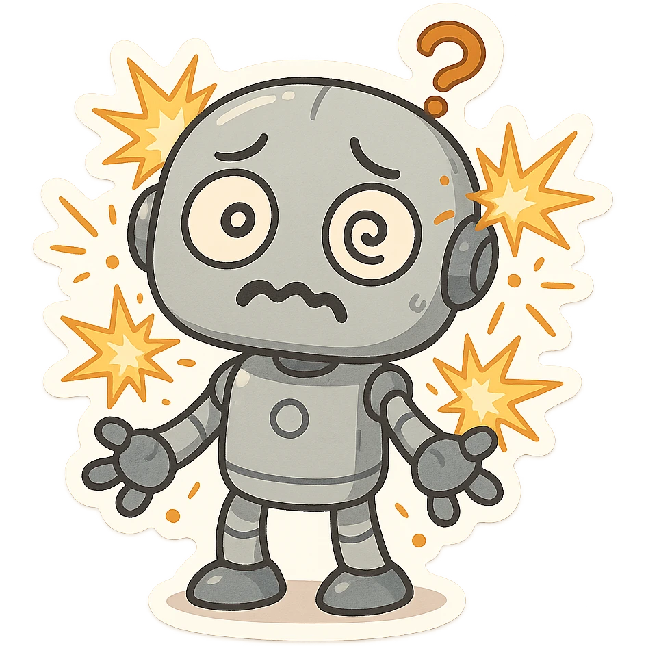 malfunctioning robot, sparks flying, confused face, funny, cartoon style emoji