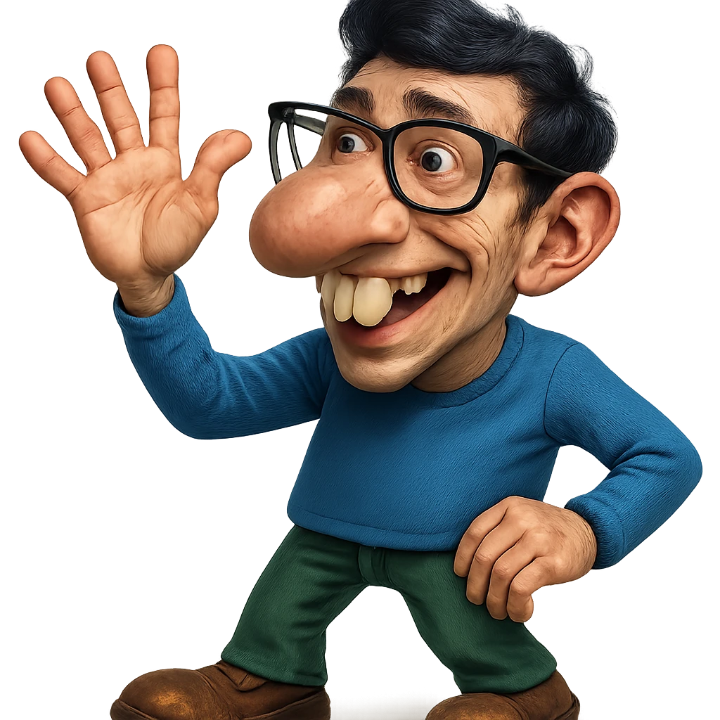 Make this character look like a nerd with an even bigger nose, buck teeth, glasses, and more realistic features. Keep the hand visible. Style should be semi-realistic, nerdy, expressive, with no background. emoji