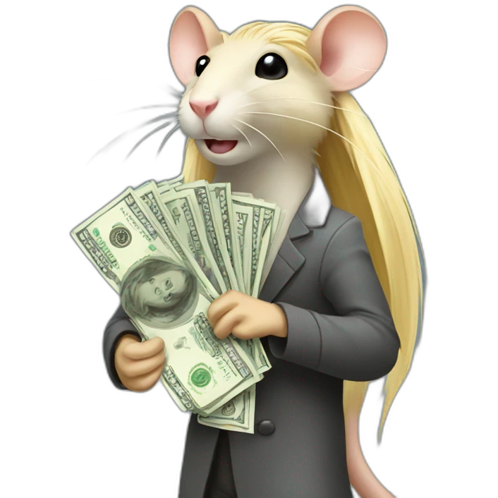 Rat standing up with long blond hair holding money emoji
