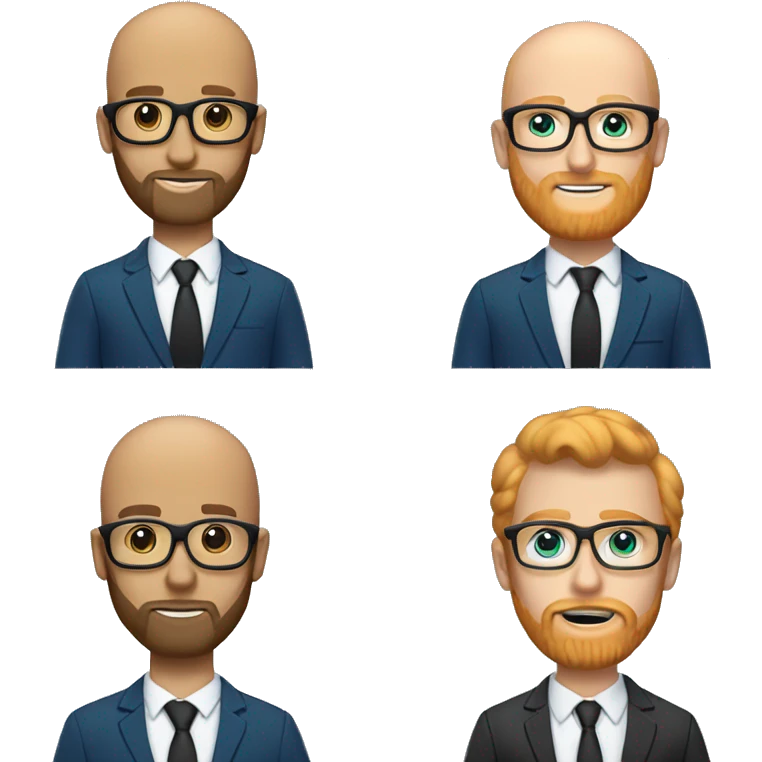 White groom with black glasses blue eyes no hair green suit strawberry blonde large beard emoji