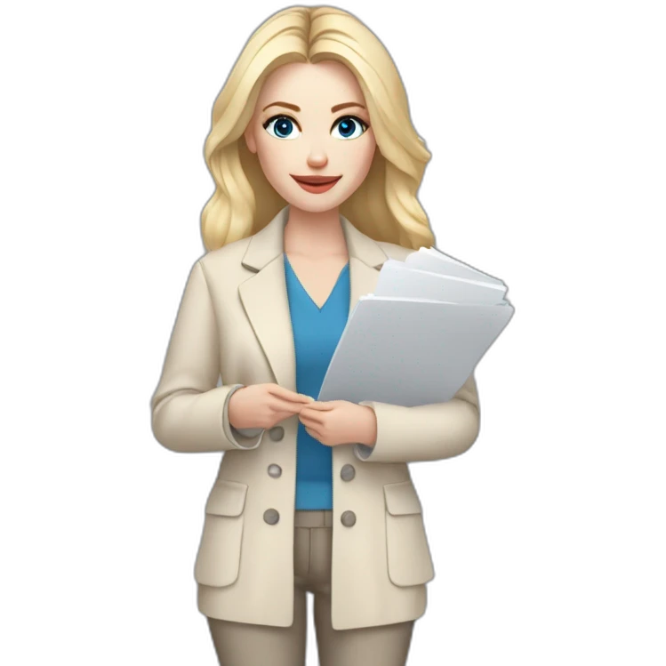 pale skin woman interior designer with cold blonde middle length hair, blue eyes, beige blouse, White oversize jacket, Gray skirt holding a color palette in the hands emoji