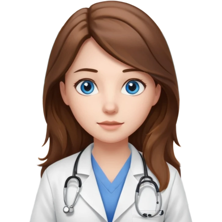 inside a classroom at university, a pretty female nursing student with long brown hair, blue eyes emoji