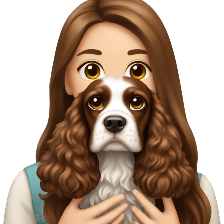 Beautiful girl with long beautiful brown hair holding English Cocker Spaniel emoji