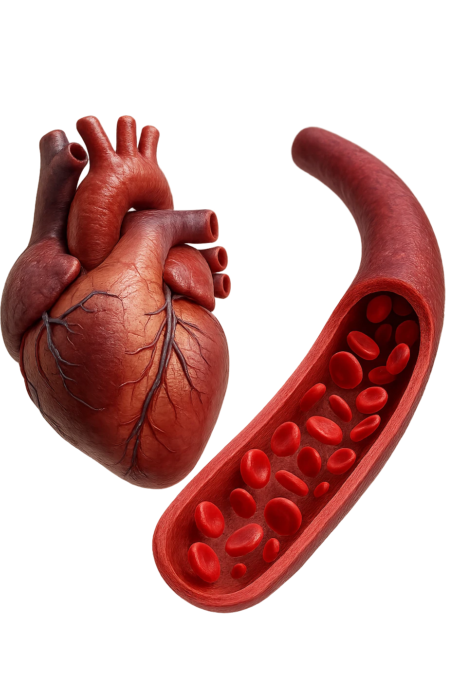 cuore anatomico umano fluttuano in aria insieme ad una vena umana con globuli rossi , iperrealistiche 4k emoji
