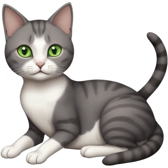 full body tiny short hair dark grey and white cat with white front legs and green eyes lying down emoji