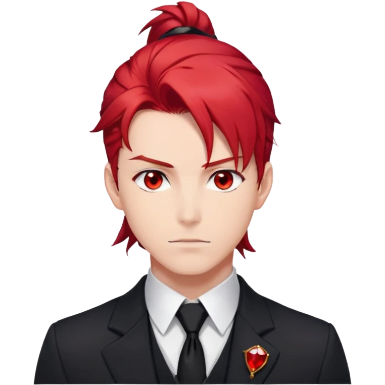 Handsome gorgeous anime man with bright-red hair, thick long ponytail, red eyes, black tie with a red gem, white shirt, black jacket, stone face emoji