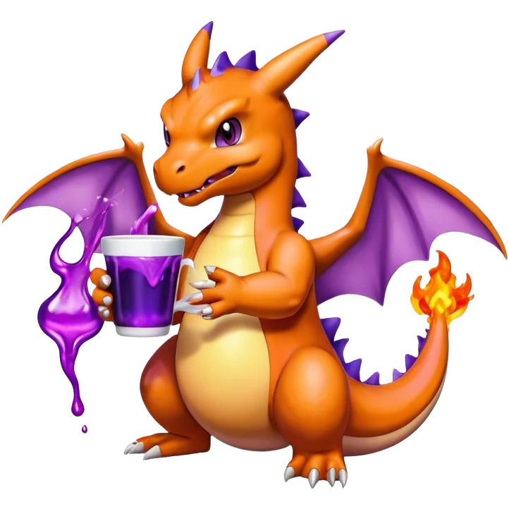 Charizard holding a cup of purple liquid  emoji
