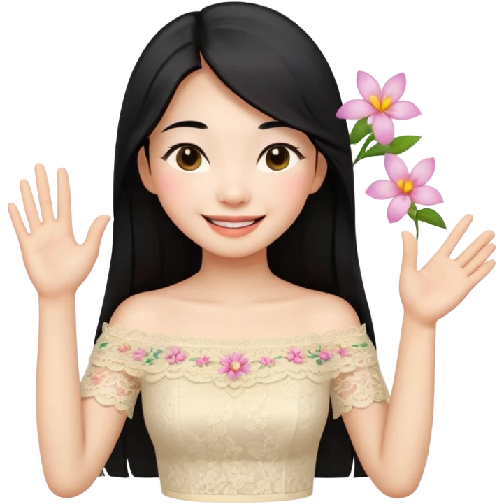 beautiful happy Thai woman with long straight black hair, fair skin, smiling gently while doing Thai greeting gesture (wai), wearing a cream lace off-shoulder blouse, hair decorated with flowers, pastel background, emoji style illustration emoji