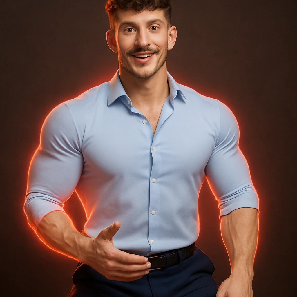 Realistic man seen from the front, inspired by the face in the provided photo. Athletic and muscular body with well-developed shoulders and legs, highlighted by a glowing red halo around these areas. Realistic style with a positive and motivational atmosphere. emoji