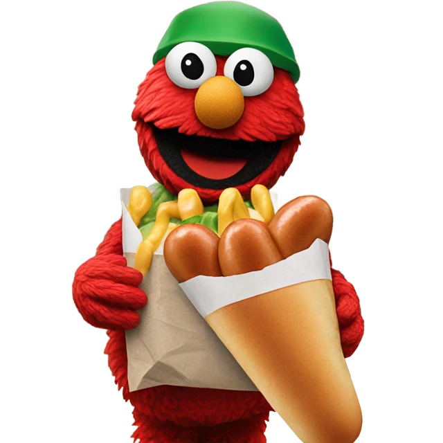 Photorealistic Elmo at 7/11 buying a hot dog emoji