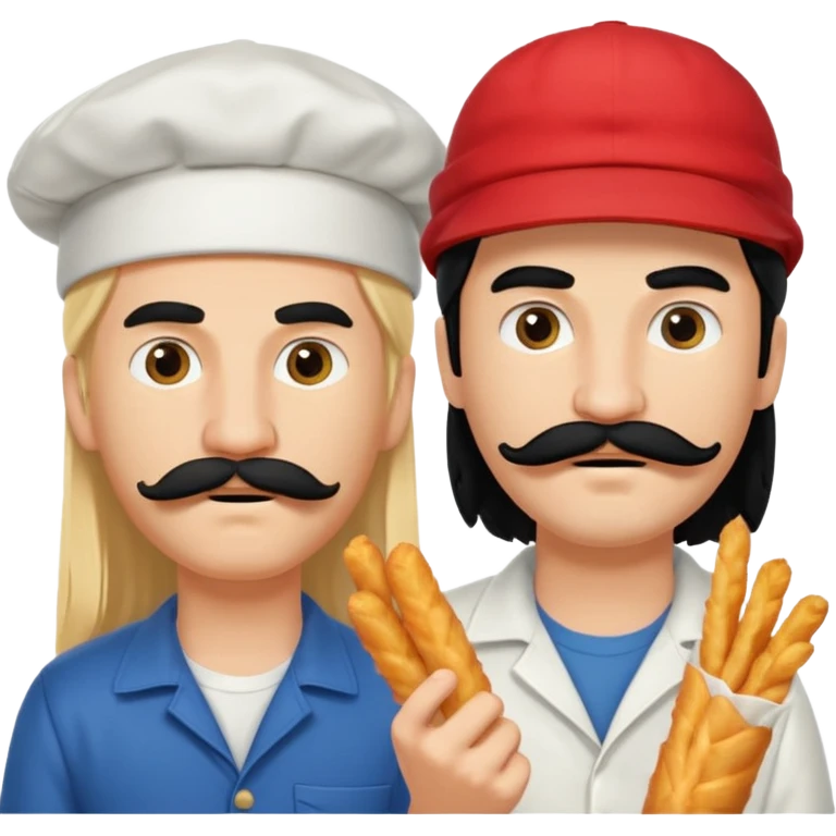 Aurore had long blond hair and Enzo is an Italian boy with mid-long black hair, mustache and a cap on his head and they are figthing like monster about mozzarella sticks emoji