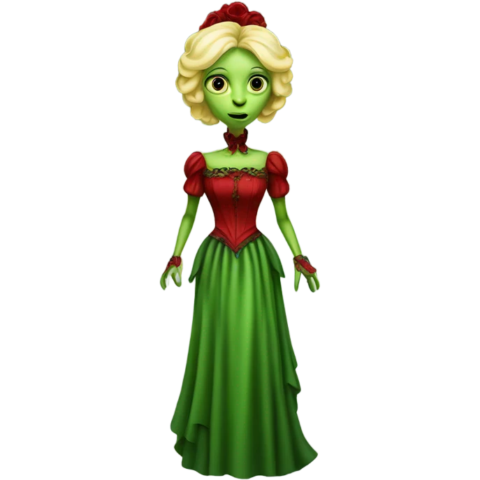 "green blonde alien woman" in red Victorian dress elegant, full body emoji
