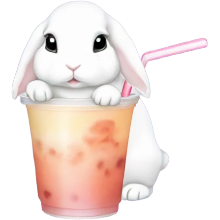 White mini lop rabbit drinking boba tea emoji