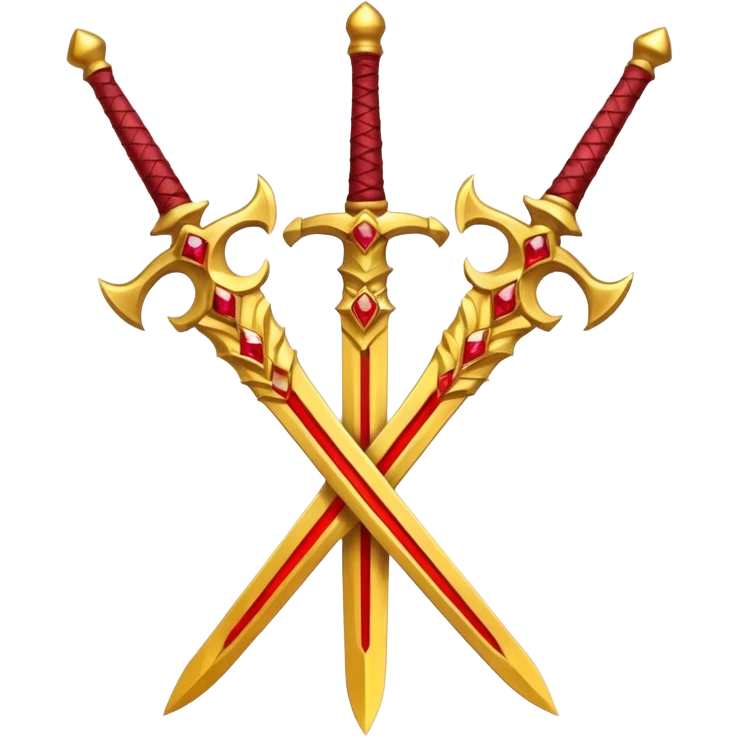 Two crossed swords that are golden in blade and handle and have fiery and royal appearence to them as well as red gem stones yellow in color emoji