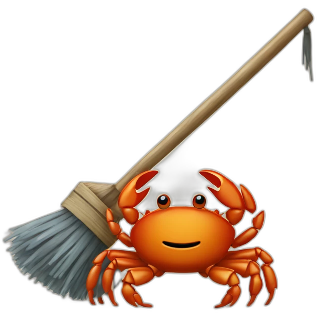 Rust mascot crab Ferris with broom cleaning rust emoji
