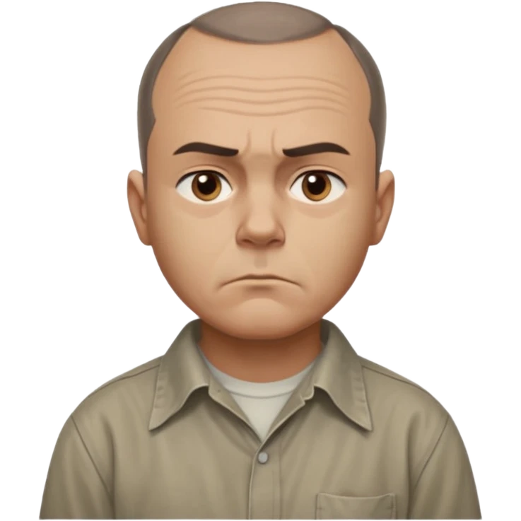 Carl from Sling Blade, serious expression, very detailed features,very recognizable features, chin sticking out, slouching posture, no glasses, shirt with collar,show his entire body, he is standing. three-quarter face angle view. He sticks his head forward. less apple style emoji.  emoji