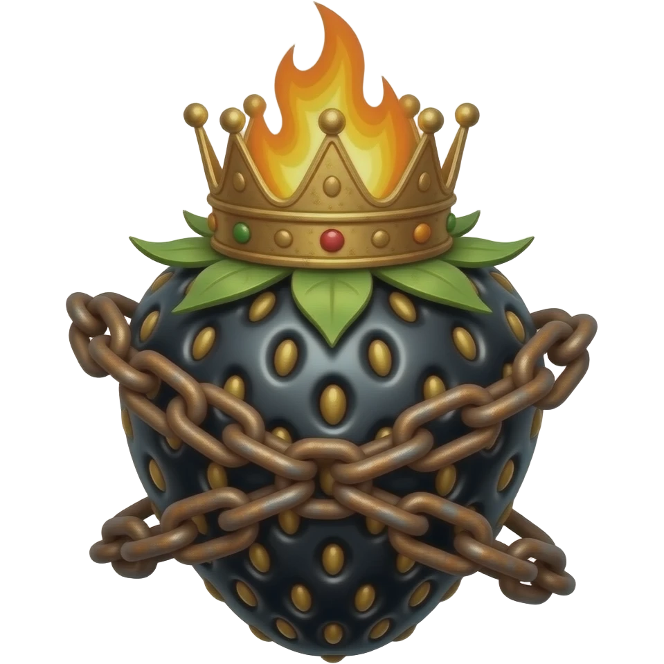 steampunk style - a rusty metal structure with many rivets in the shape of a wild black strawberry with a rusty, richly decorated English royal crown on top that is flaming. An oversized rusty chain is wrapped around the strawberry's body and is spinning around its body emoji