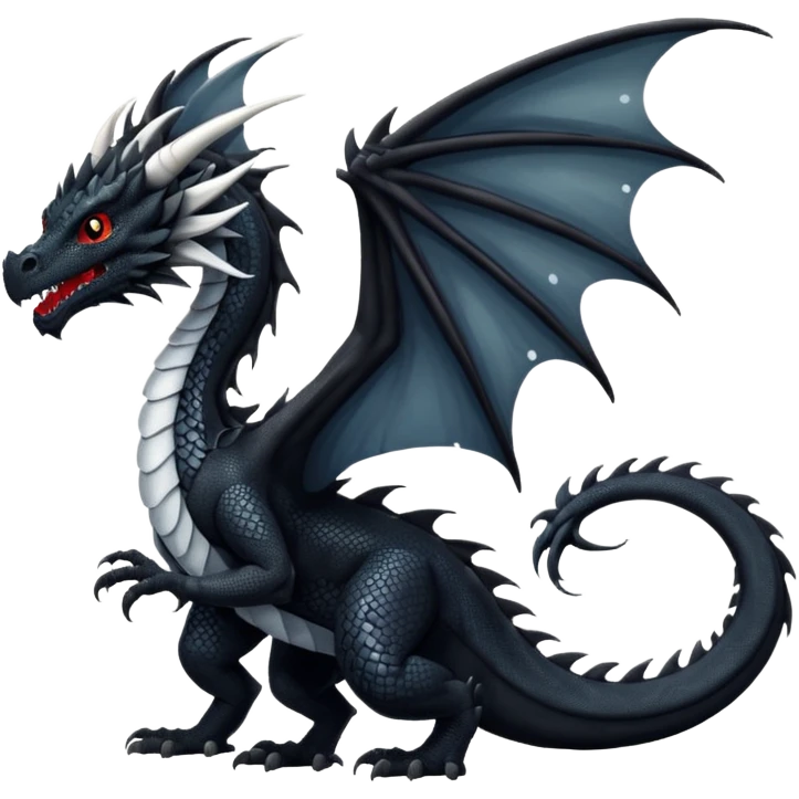 A dragon that is  black 🖤 with white spots. HUGE wings and a tail. Also detailed  emoji