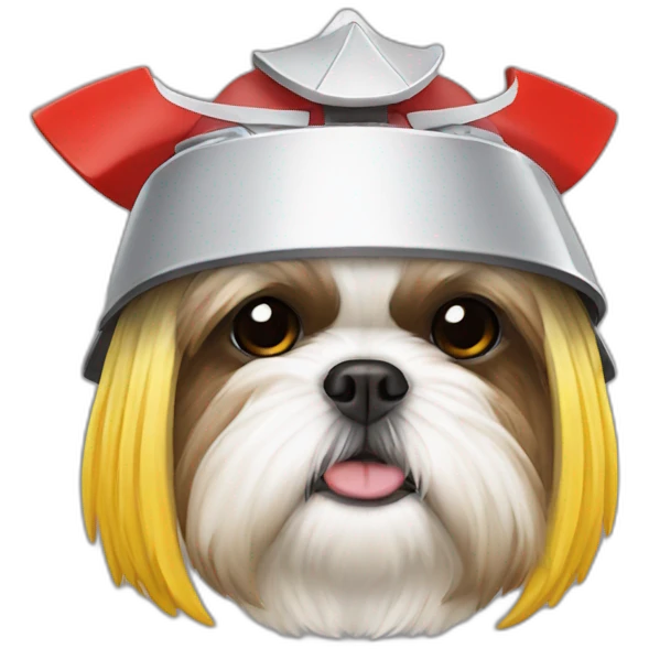 shih tzu wearing red samurai helmet with yellow spikes on top emoji