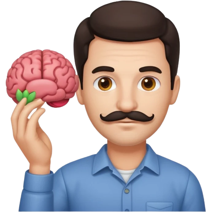 attractive man with dark hair and down turned mustache holding a brain as an emoji emoji
